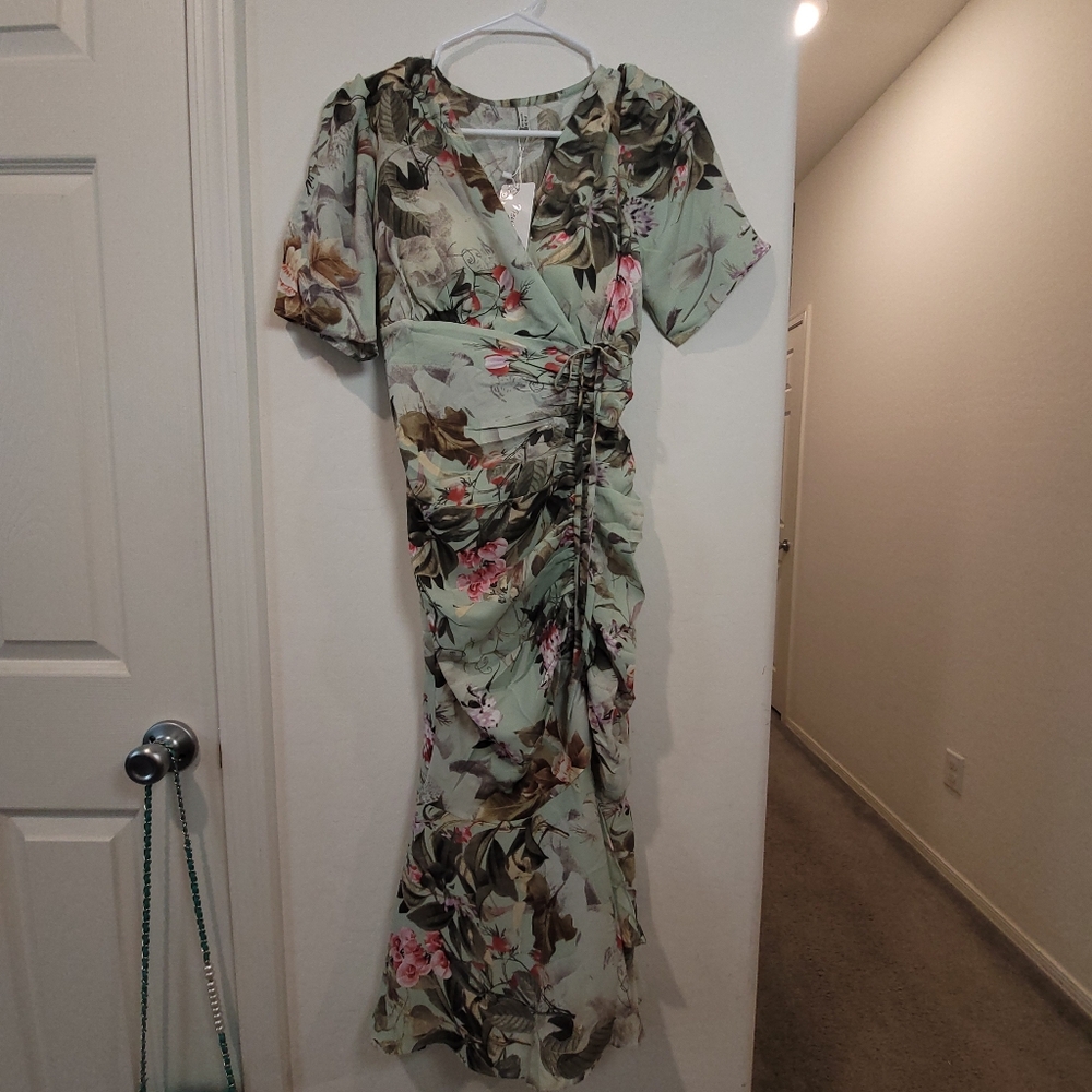 Pink and Green Ruched Wrap Dress with Flutter Sleeves